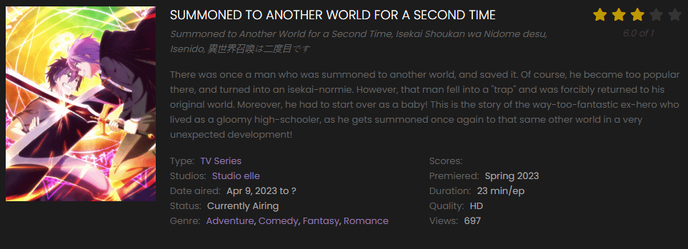 Watch Summoned to Another World for a Second Time online free on 9anime